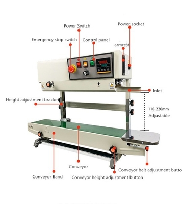 Ταχύτητα σφράγισης 0-12m/min 29kg FR-990 Πιο δημοφιλής θερμική σφραγιστική μηχανή για συσκευασία τροφίμων
